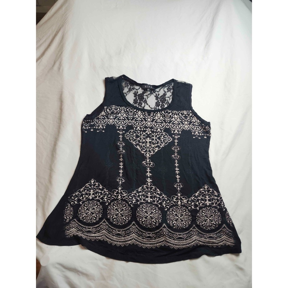 Bleu Tank Top Womens L Black Damask Lace Whimsigoth Fairy Festivalwear USA Made